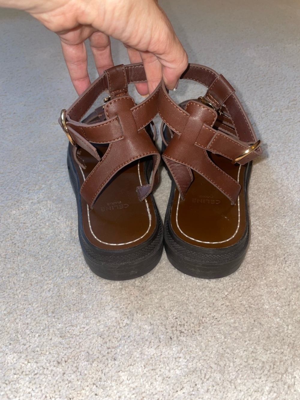 Celine Brown Leather Platform Fisherman Sandals with Gold Hardware - Picture 3 of 9